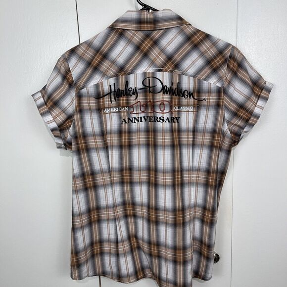 Harley Davidson Plaid Shirt Women's Medium Embroidered Western Cut Pearl Snap - Picture 5 of 8